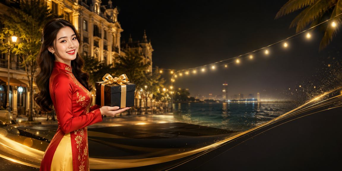 Phố cổ Hà Nội ban đêm, người dùng mặc áo dài kiểm tra bonus nạp tiền VIP trên điện thoại