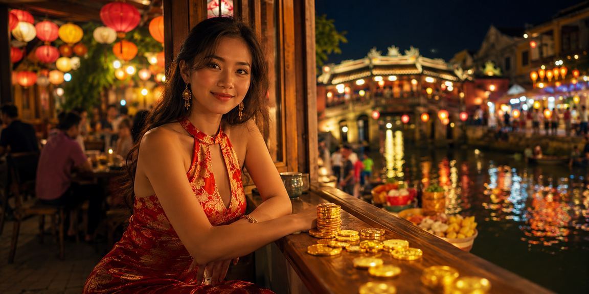Người dùng tại Hội An xem ưu đãi nạp tiền trên điện thoại bên tách cà phê buổi sáng