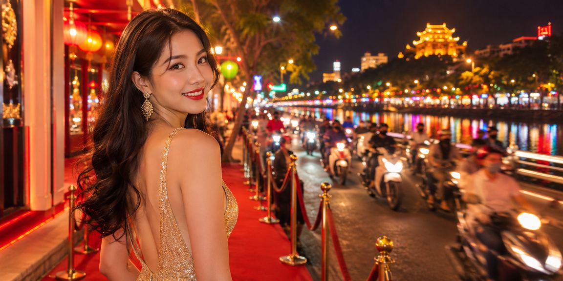 Phố đêm Huế lung linh ánh đèn, người dùng chơi slot game trực tuyến trên điện thoại