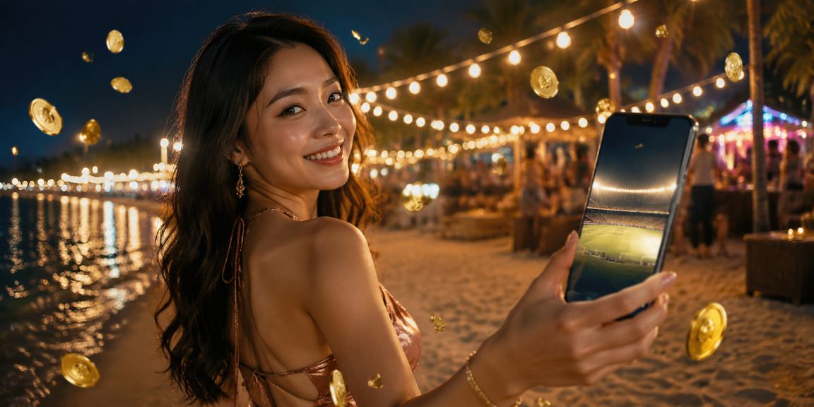 Người dùng xem kèo cược thể thao trên bãi biển Phú Quốc buổi chiều tà với điện thoại trong tay
