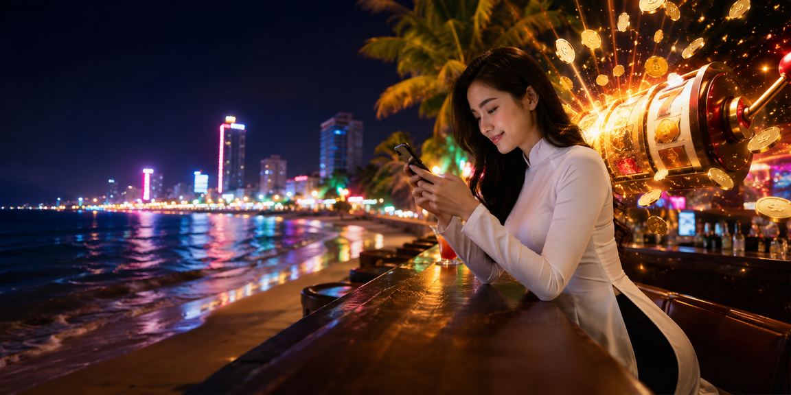 Cảnh đêm Quy Nhơn với người chơi slot game trực tuyến trên điện thoại mặc áo dài